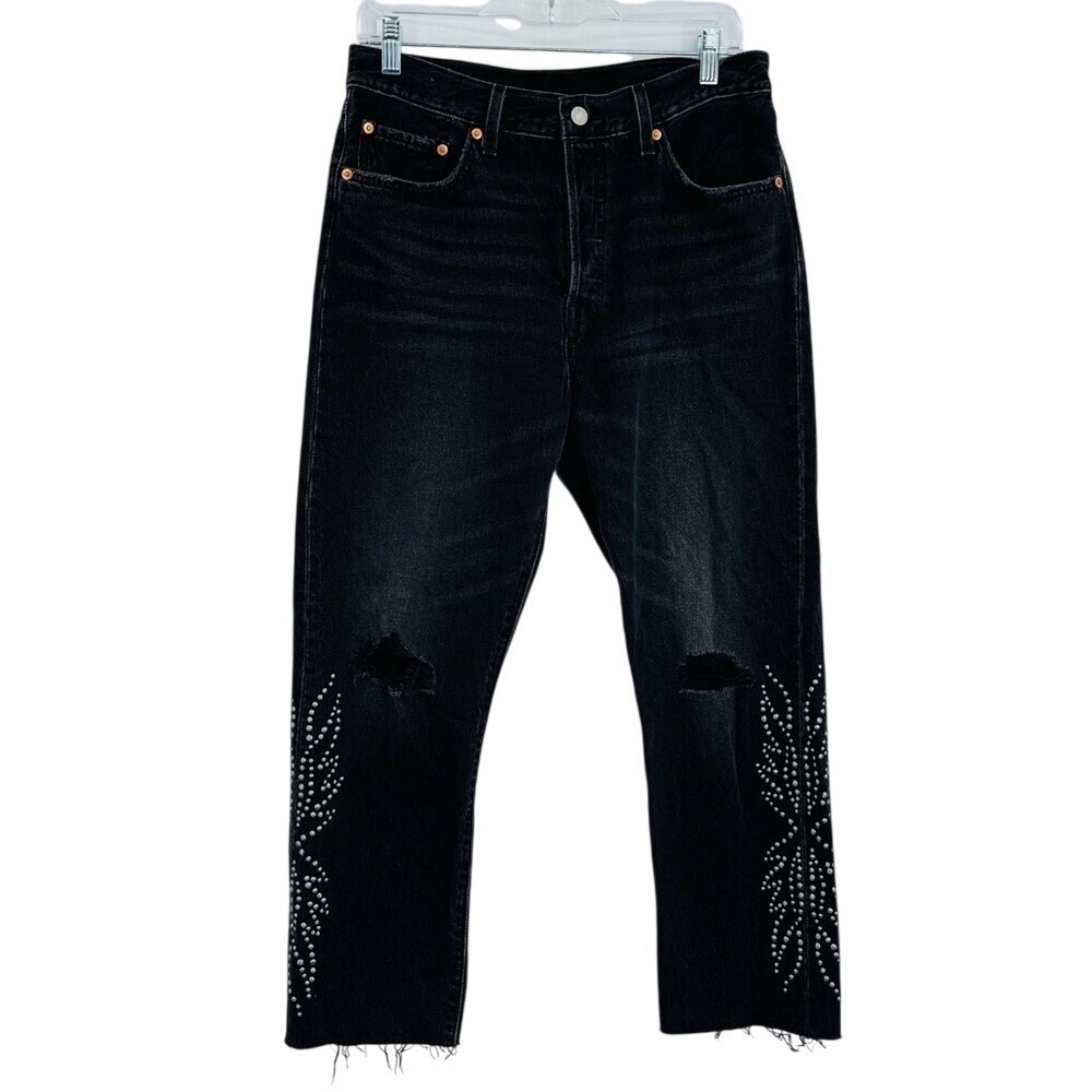 Levis 501 Jeans Womens 29 Black Studded Distressed Raw Hem Straight Leg Cropped